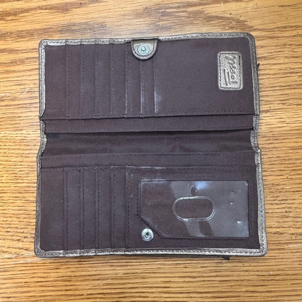 Fossil Metallic Bronze Genuine Leather Slim Bifold Wallet Organizer‎ Clutch